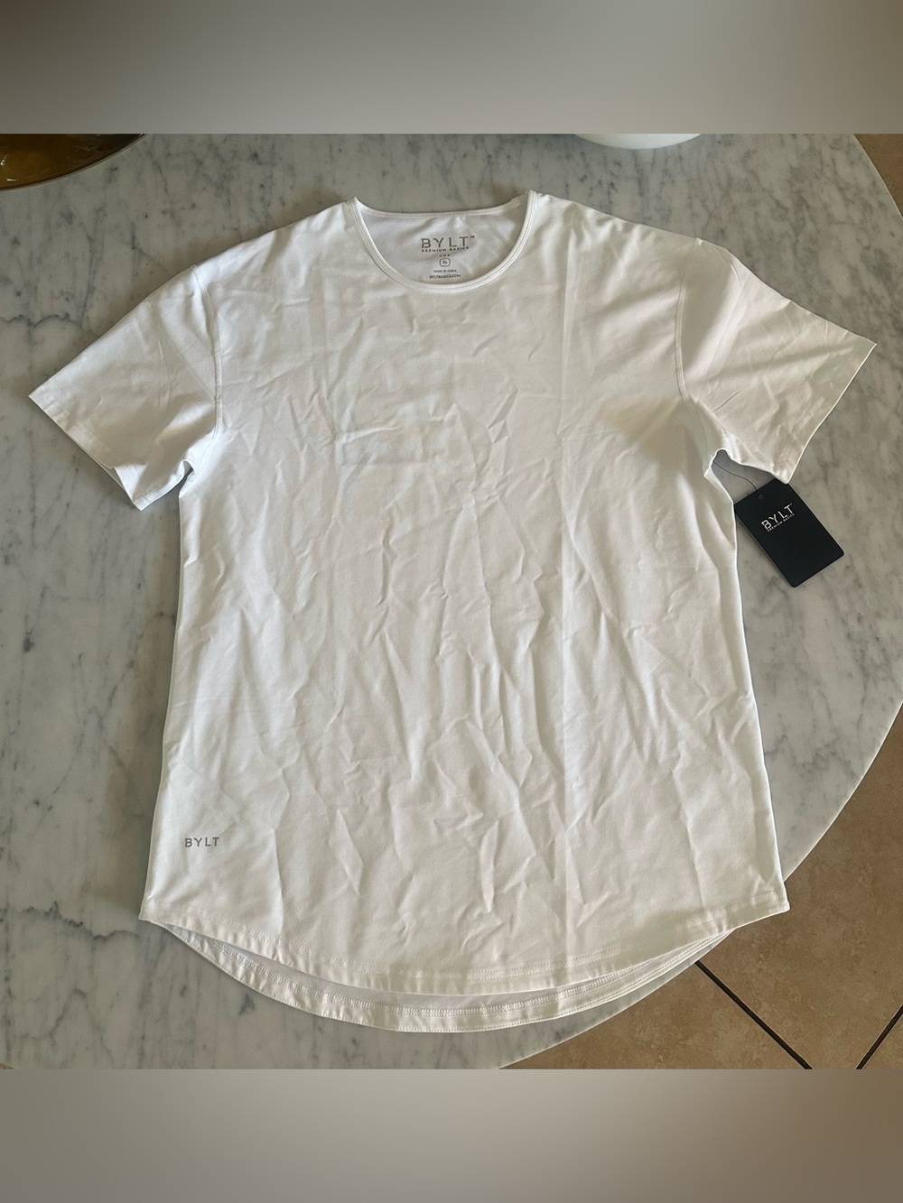 BYLT Premium Basics Lux T-Shirt Men’s XL White Curved Hem Stretch Crew Neck Tee